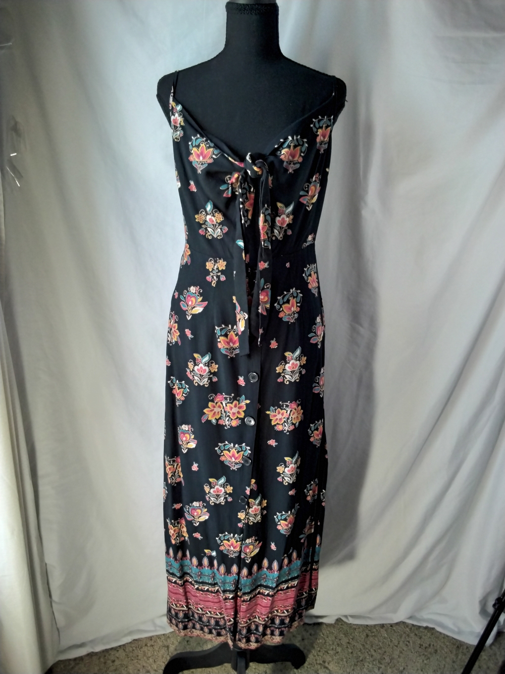 Angie Black Floral Tie-Front Maxi Dress with Border Print